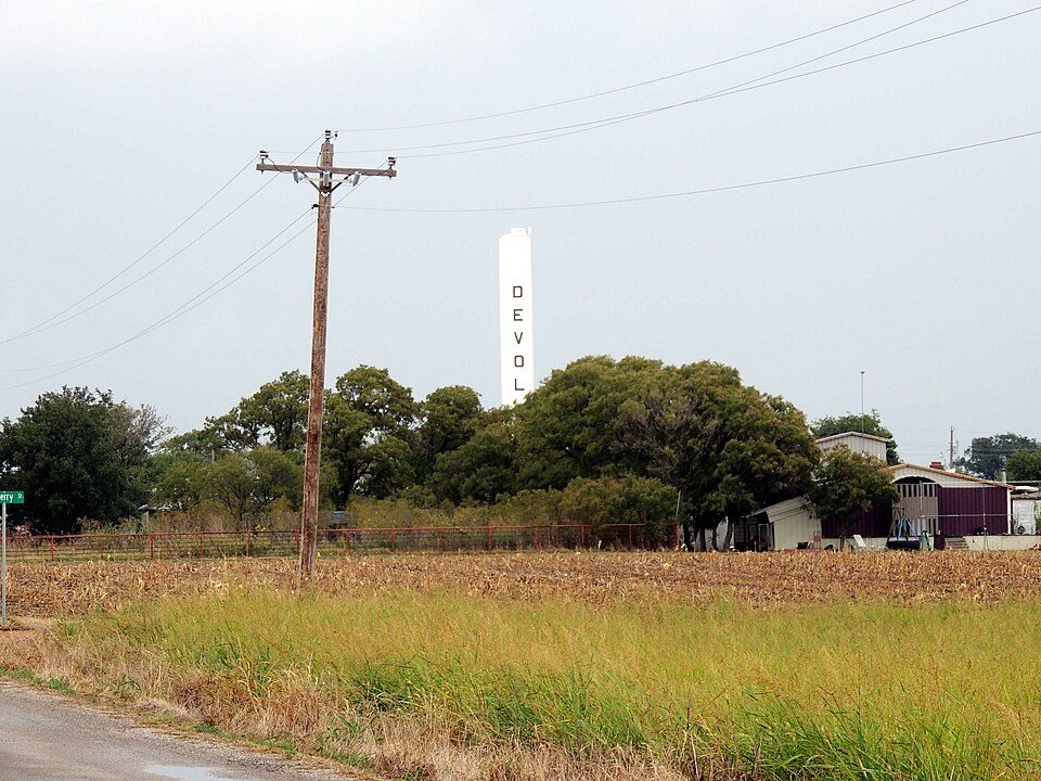 Town water tower and surrounding landscape — Devol, Oklahoma